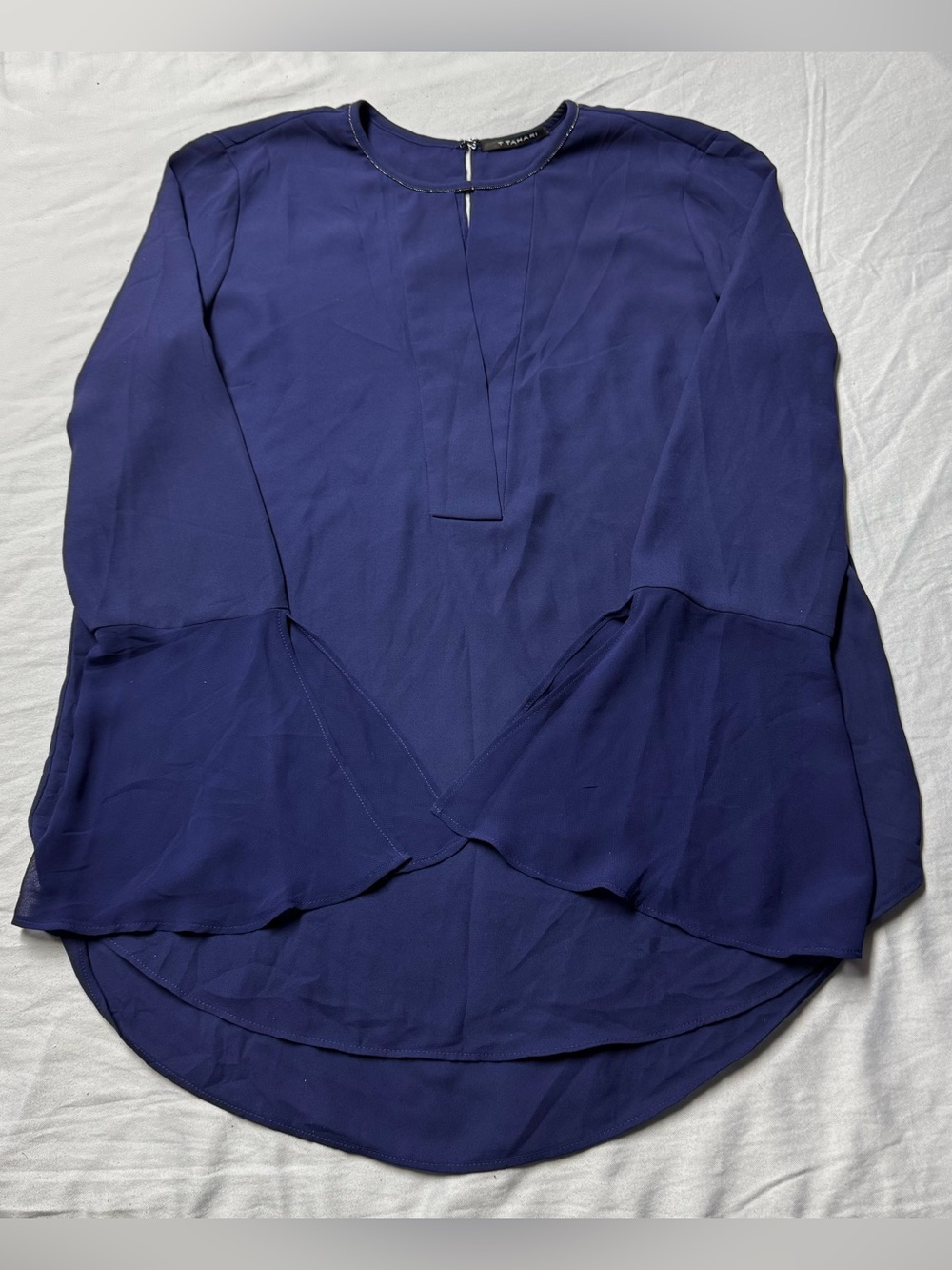 T Tahari Navy Keyhole Neckline Bell-Sleeve Blouse
